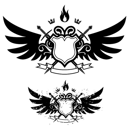 矢量潮流设计元素 翅膀、盾牌、剑、火组合的banner矢量图