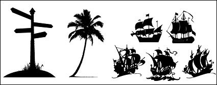 其他矢量素材 路牌、椰树、帆船剪影图标素材