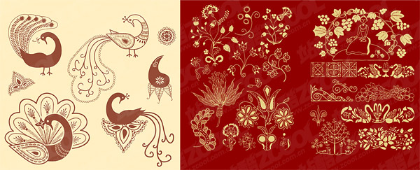中国风与传统矢量 古典花纹与孔雀矢量素材