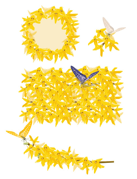 矢量花卉花边花纹 金黄色的花卉与蝴蝶矢量素材