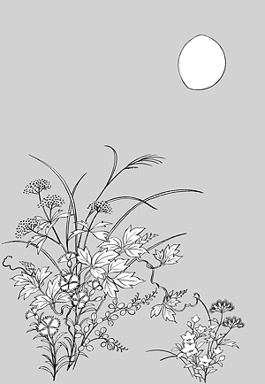 矢量植物素材 日本线描植物花卉矢量素材-5（秋草与月亮）
