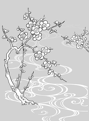 矢量植物素材 日本线描植物花卉矢量素材-30（梅花、流水）