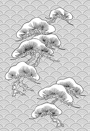 矢量植物素材 日本线描植物花卉矢量素材-32（松树、古典波浪背景）