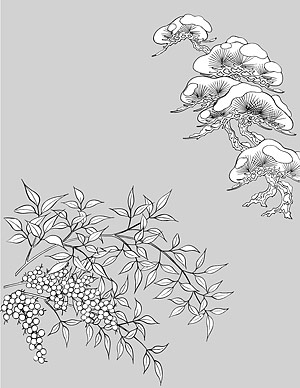 矢量植物素材 日本线描植物花卉矢量素材-46（松树、雪、南天）